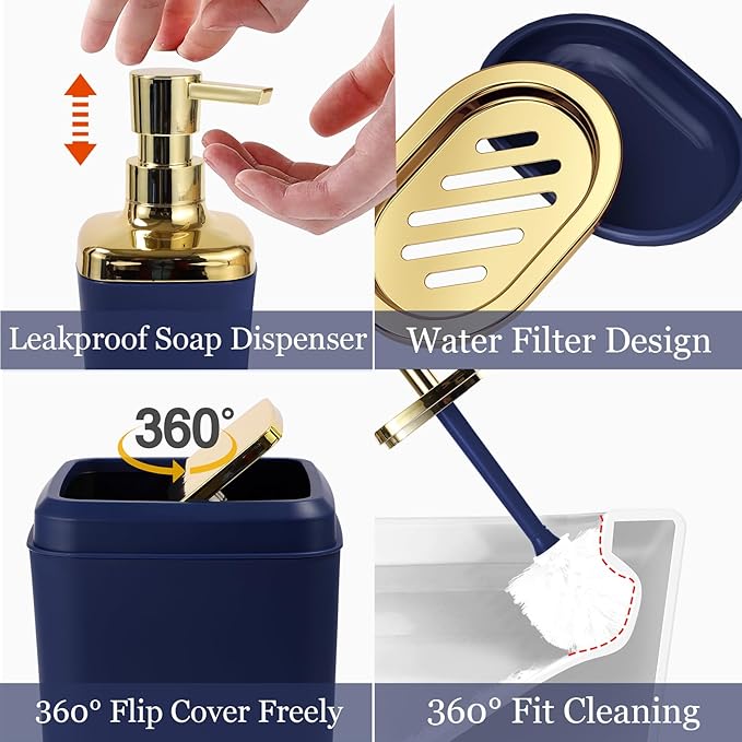 Navy Blue Bathroom Accessories Set, Blue and Gold Bathroom Accessories with Trash Can, Soap Dispenser, Soap Dish, Toothbrush Holder and Q-tip Holders