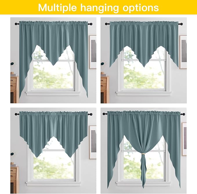 NICETOWN Kitchen Swag Curtains for Small Window Rod Pocket Energy Saving Country Valances for Living Room Bathroom Short Curtains for Home Decor, 2 Panels, 36" x 36" x 18", Greyish Blue