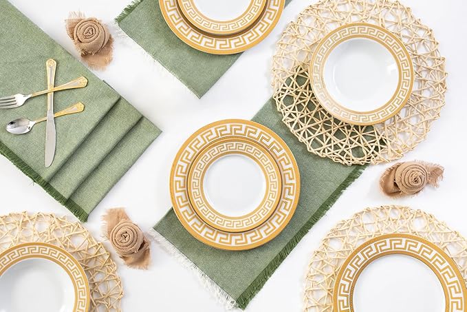 Porcelain Dinnerware Set for 4-12 Piece Gorgeous Dish Set - Gold Greek Key Inspired Design - Kitchen Set for Everyday Dishes or Formal Occasions (Meander Gold 12DIN)
