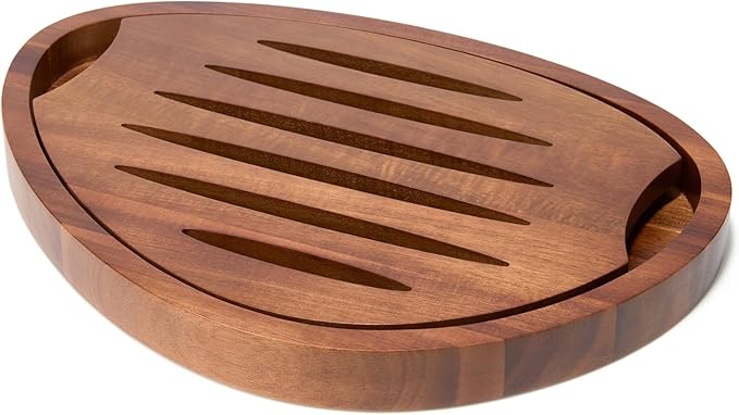 Nambe x Tom Papa Breaking Bread Cutting Board, 2-Piece Retro Style Acacia Wood Bread Board with Nesting Crumb Tray, Mid-Century Modern Serving Board for Slicing & Entertaining, 11.7” x 16”