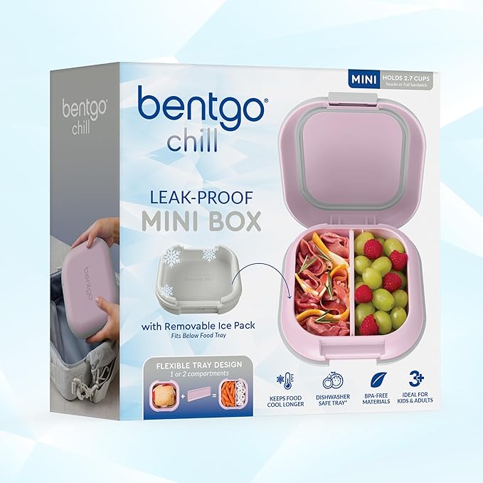 Bentgo Chill Mini Leak-Proof Lunch Box – Built-In Ice Pack Keeps Food Cold, 2.7-Cup Capacity for Snacks or a Sandwich, 3 or 4 Compartments, PFAS & BPA-Free, Ideal for Adults & Kids 3+ (Lilac Mist)
