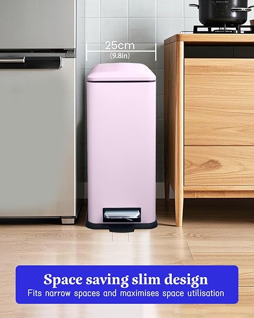 Kitchen Rubbish Bin, 30 L, Slim Pedal Bin with Lid, Stainless Steel Kitchen Rubbish Bin with Inner Bucket, Rectangular Waste Bin for Kitchen, Bathroom, Bedroom, Office, Pink