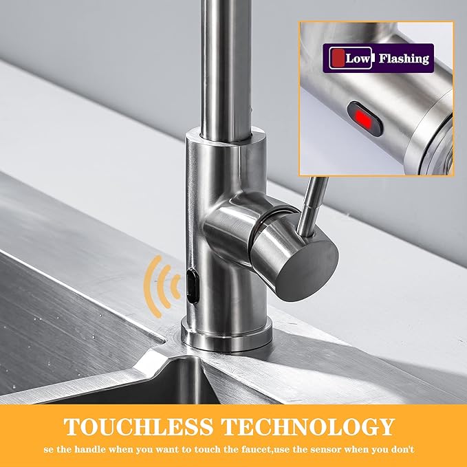 Touchless Kitchen Faucet with Pull Down Sprayer Brushed Nickel Kitchen Faucets Infrared Sensor Kitchen Faucet Touchless Kitchen Sink Faucets Stainless Steel Single Handle Motion Sensor Kitchen Faucets