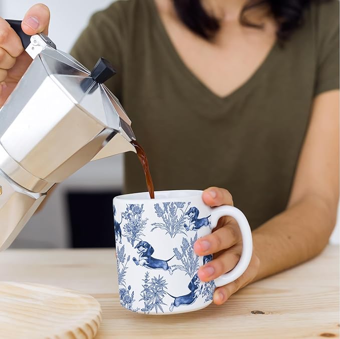 Dachshund Blue French Toile Coffee Mug, Dachshund Lover Gifts for Women, Blue Toile Coffee Cup for Weiner Mom, Dog Lovers Tea Coffee Mug Birthday Gifts for Sausage Dog Owners, 15 oz