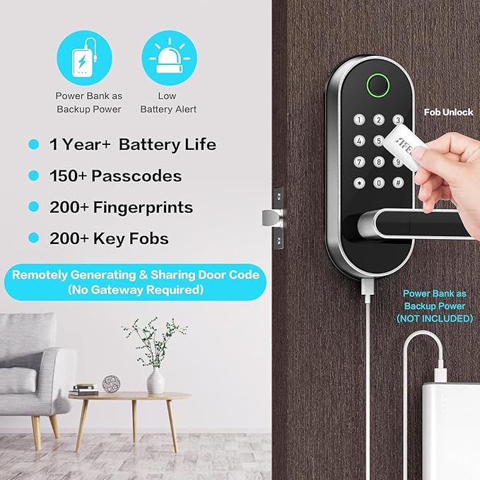 Fingerprint Smart Door Lock with Handle & Keypad – Bluetooth Keyless Entry for Front Door, Home, Kids, Guests, Airbnb & Rental, App + Code Access, Compatible with Alexa & Google, Easy DIY Install
