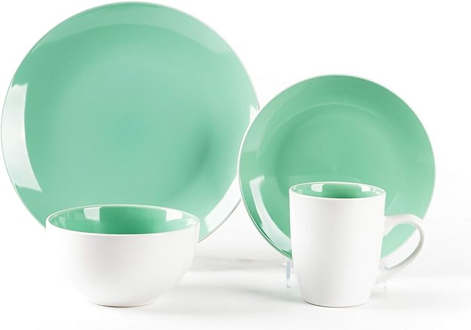 Stoneware Coupe Shape 16pc Dinnerware Set, Outside White + Inside Teal