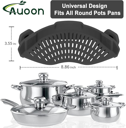 AUOON Clip On Strainer Silicone for All Pots and Pans, Pasta Strainer Clip on Food Strainer for Meat Vegetables Fruit Silicone Kitchen Colander (Gray)