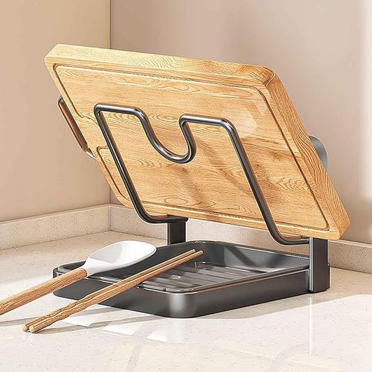 DOTH Kitchen Pot Lid Storage Rack, Stainless Steel Pot Lid Holder While Cooking with Removable Drip Tray, Upright Lid Holder While Cooking for Countertop Organization (Gray - Single Layer)