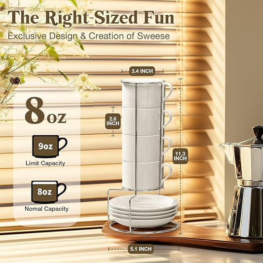 8 Ounce Porcelain Cappuccino Cups with Saucers and Stainless Steel Stand, Stackable Espresso Cups Set of 4, White Ceramic Coffee Mugs for Home, Office, Cafe or Gift