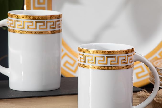 60 Piece Porcelain Dinnerware Sets – Service for 12 Plates, Mugs, Bowls – White with Gold Greek Key Design Dish Set for Kitchen Table, Everyday Dining or Formal Occasions (Meander Gold)