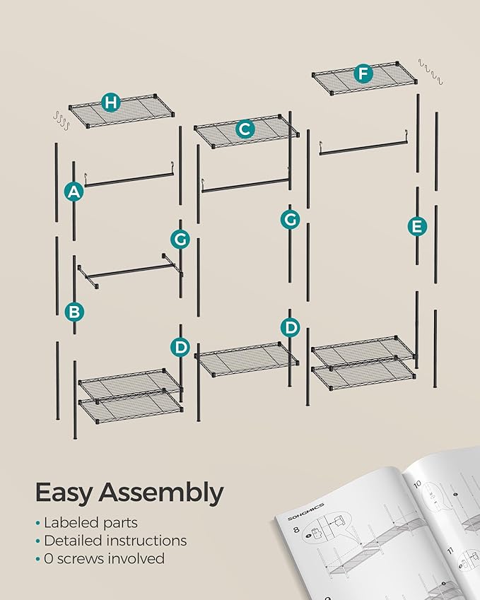 SONGMICS Portable Wardrobe Closet Heavy Duty Clothes Rack, Freestanding Closet Organizer,15.8 x 68.9 x 70.9 inches,Metal Garment Rack with Adjustable Wire Shelves, Dividable, Ink Black ULGR431B01