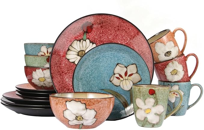 Stoneware 16-Piece Modern Dinnerware Set,Kitchen Plates Bowls and Mug Sets Serves 4,Dishwasher and Microwave Safe,4 colors (Service for 4(16Pcs))