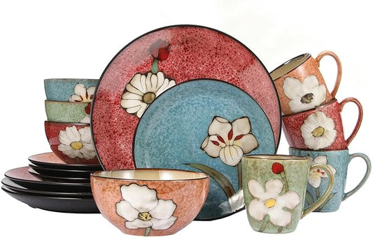 Stoneware 16-Piece Modern Dinnerware Set,Kitchen Plates Bowls and Mug Sets Serves 4,Dishwasher and Microwave Safe,4 colors (Service for 4(16Pcs))