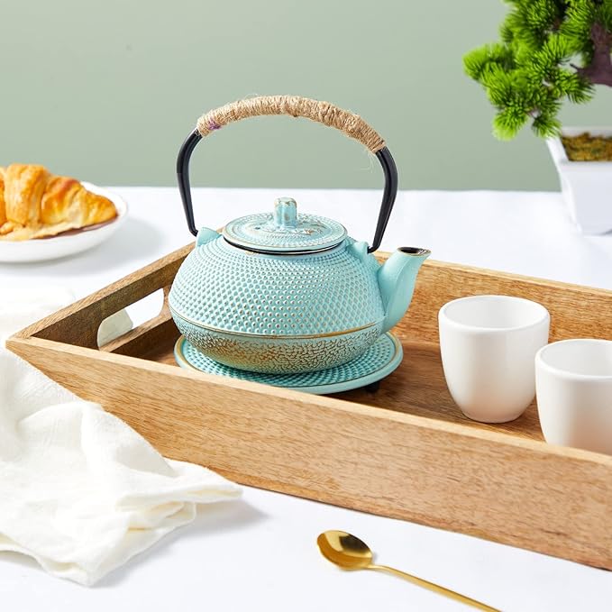 Juvale Cast Iron Tea Kettle with Infuser - Green, 18 oz/500 ml, 3-Piece Set - Teapot for Brewing Loose Leaf Tea - Stovetop Safe Tetsubin Set with Trivet