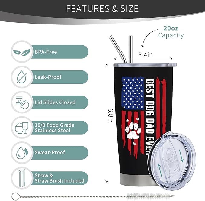 Dog Dad Gifts for Men, Christmas Gifts for Dog's Daddy, Best Dog Dad Ever Gift, Funny Dogs Father Gift Ideas, 20 oz Stainless Steel Tumbler