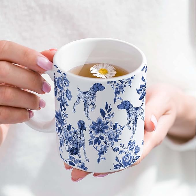 Pointers Blue French Toile Mug Cup, German Shorthaired Pointer Lover Gifts for Women, Blue Chinoiserie Toile Coffee Cup for Pointer Mom, Dog Lovers Tea Coffee Mug Birthday Gifts for Dog Owners