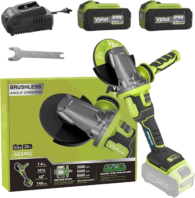 Cordless Angle Grinder 24V, Brushless Power Grinder Tool with 5Ah Battery & 3A Fast Charger, Power Electric Grinders for Cutting Grinding Polishing(AG2402)