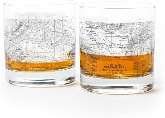 Black Lantern Yosemite National Park Whiskey Glasses - Topographic Map Tumbler Glass Set - Two 11oz. Rock Glasses