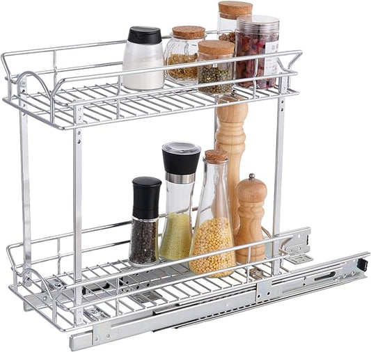 OCG Slide Out Cabinet Organizer for Narrow Cabinet (9" W X 17" D), 2 Tier Pull Out Shelves Slim Sliding Cabinet Organizer and Storage, Chrome