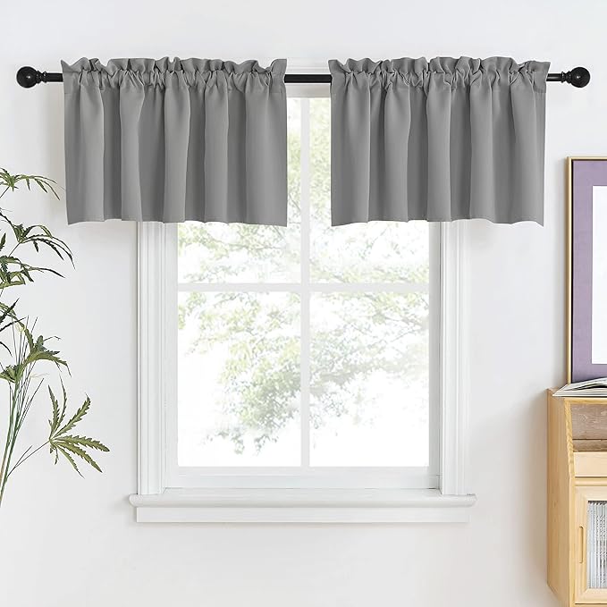 NICETOWN Silver Grey Valances for Windows, Rod Pocket Window Valances for Bathroom, Living Room, Short Blackout Valance Curtains for Thanksgiving (42 Inch Wide x 18 Inch Long, 2 Panels)
