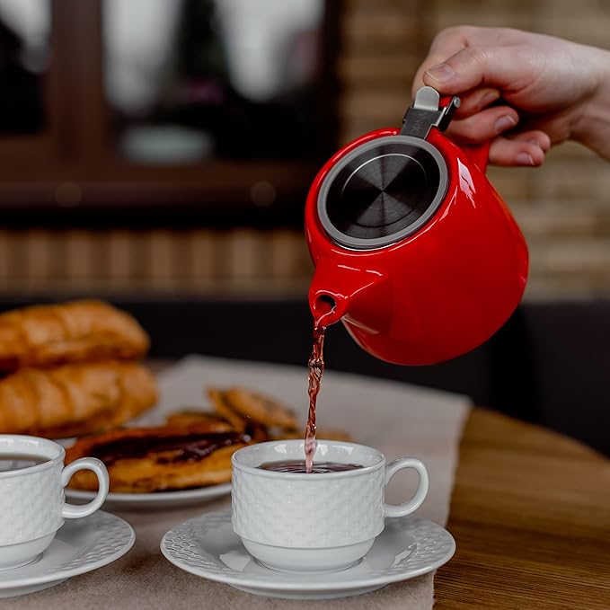 ORNA Ceramic Teapot with Tea Infuser – Small Tea Pot for Loose Leaf Tea – 550ml / 18.6 Oz Non-Stove Porcelain Teapot for 2 Cups with Tea Strainer (Red)