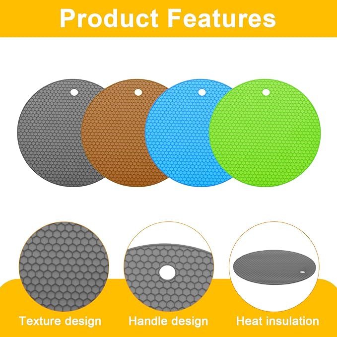 uxcell 4pcs Silicone Jar Opener Pads, 17.5cm/7" Texture Can Opener Multipurpose Round Bottle Lid Opener Non-Slip Coasters for Weak Hands Seniors Children, Brown/Green/Blue/Gray