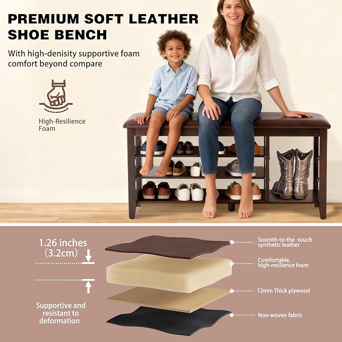 PY HOME & SPORTS Shoe Rack for Entryway 47": 3-Tier Shoe Storage Bench, Adjustable/Removable Shelves, Rubberwood Shoe Benches for Hallway, Porch, Bathroom, Brown