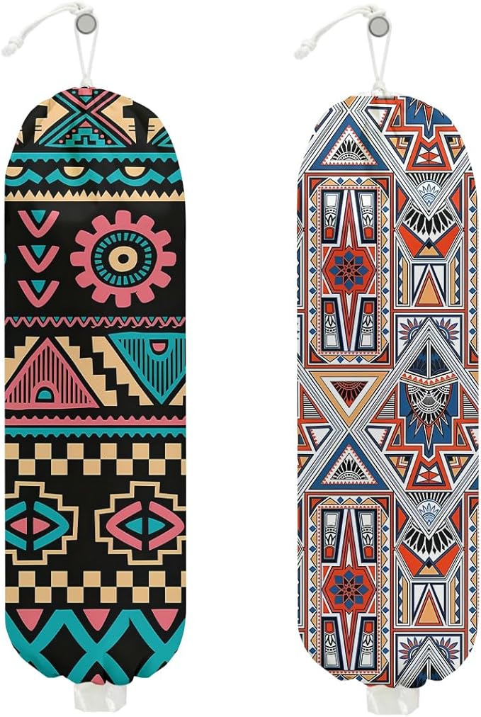 2 Pcs Retro Boho Plastic Bag Holder, Wall Mount Grocery Bag Holder for Plastic Storage bag, Abstract Art Farmhouse Kitchen Decor Reusable Grocery Bags Organizer Storage Dispenser, Gifts for Women