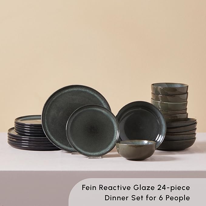 Karaca Fein 24 Piece Reactive Glaze Dinner Set for 6 People, Modern Design with Unique Handcrafted Patterns, Durable Kitchen Plates and Bowls Sets, Stoneware Dinnerware & Dishwasher Safe