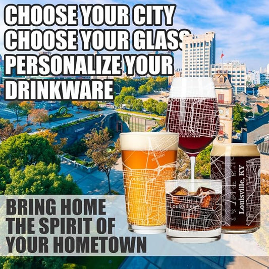 Blue Ridge Mountain Gifts - Louisville Souvenir - Kentucky Glassware Gift, Etched City Map, Laser Engraved and Dishwasher Safe