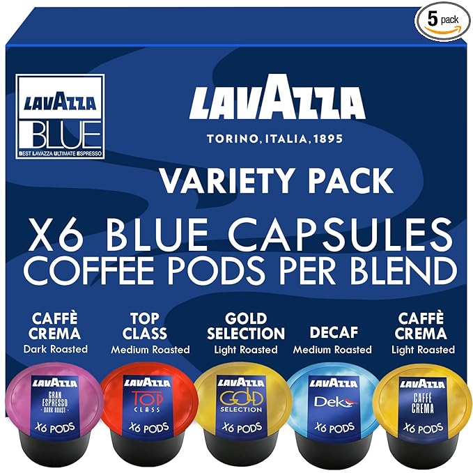 Lavazza Blue Coffee Pods, 30 Count Sampler Coffee Capsules, 5 Flavors - Top Class, Gold, Caffe Crema, Decaf, Gran Espresso, 6 Pods/Flavor