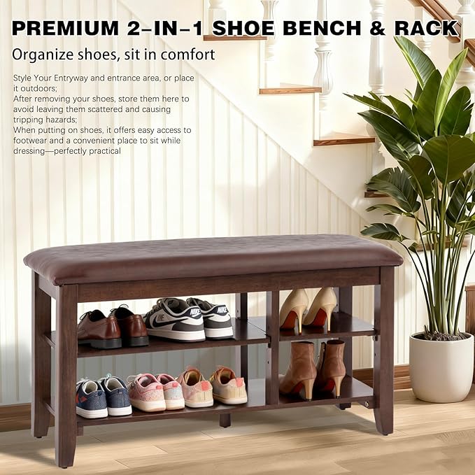 PY HOME & SPORTS Shoe Rack for Entryway 39.4": 2-Tier Shoe Storage Bench, Adjustable/Removable Shelves, Rubberwood Shoe Benches for Hallway, Porch, Bathroom, Brown