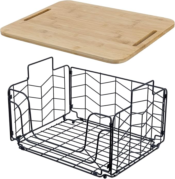 MyGift Kitchen Storage Wire Basket, Foldable Matte Black Metal Fruit and Produce Basket with Bamboo Cutting Board Lid, Pantry Counter Organization