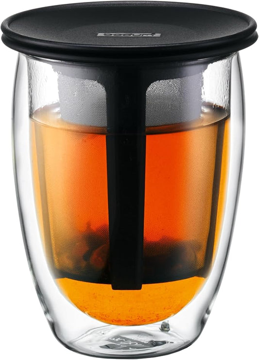 Bodum 12oz Tea Strainer w/Lid, Double Wall, High-Heat Borosilicate Glass, Black