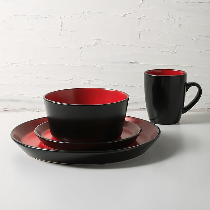 Stone Lain Albie Stoneware 16 Piece Dinnerware Set, Plates and Bowls Sets, Dish Set for 4, Red and Black, Microwave & Dishwasher Safe
