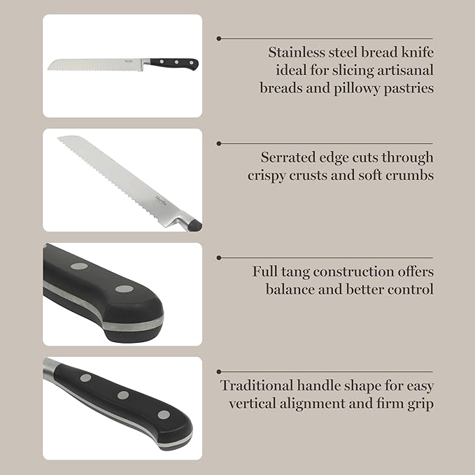 Martha Stewart Carverton 8" Bread Knife, High Carbon Stainless Steel Kitchen Knives w/Black Triple Riveted Handle
