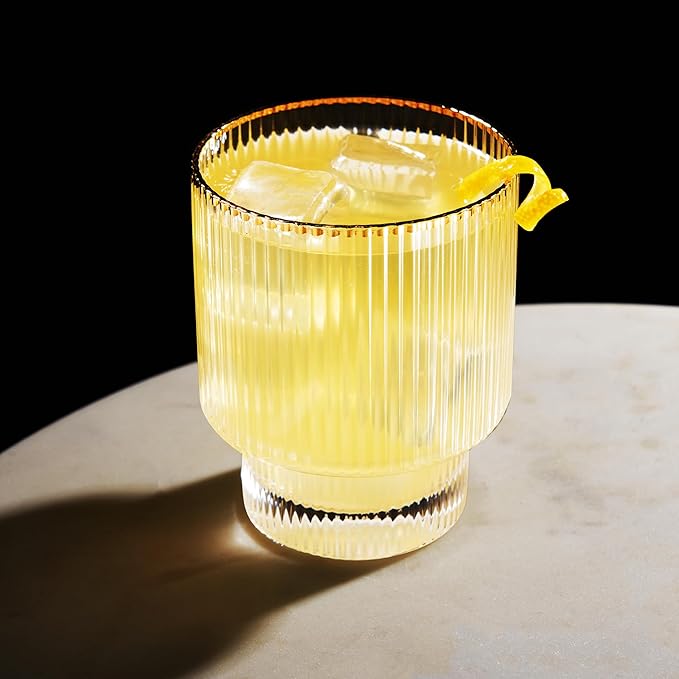 Viski Meridian Lowball Glasses Set of 2 - Premium Crystal Clear Vintage Drinking Tumblers for Whiskey, Scotch & Bourbon in Art Deco Ripple Glassware Design, Gold Rimmed Glassware Gift Set, 12 oz