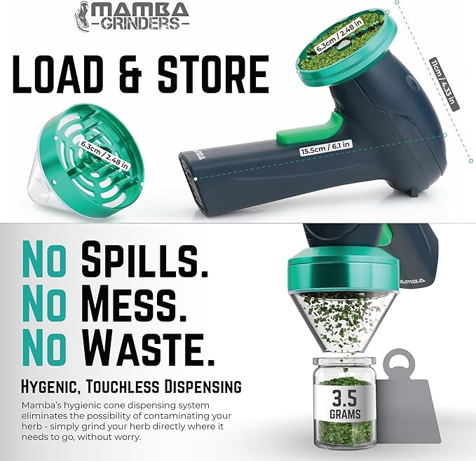 Mamba Monster 3.5g USB Electric Herb Grinder. Large Capacity Portable Metal Herbal Machine & Spice Mill for the Kitchen (Green)