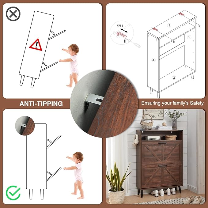 Shoe Storage Cabinet,Farmhouse Shoe Organizer with 2 Flip Drawers & Barn Door Design,Freestanding Hidden Slim Narrow Shoe Rack Cabinet with Open Storage for Entryway, Foyer,Hallway, Walnut