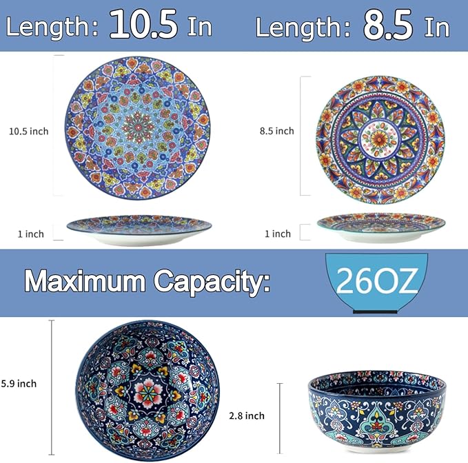 glowworm Bohemian Dinnerware Sets, Ceramic Dishes Set for 4, 12 Pieces Plates and Bowls Set, Oven, Microwave & Dishwasher Safe, Scratch Resistant