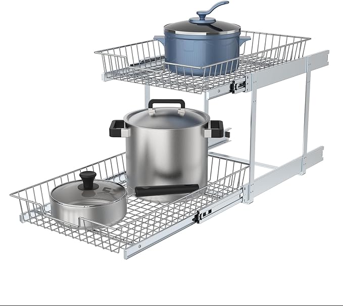 2 Tier Individual Pull Out Cabinet Organizer 14"W x 21" D, Cabinet Pull Out Shelves Slide Out Kitchen Storage Sliding Shelves for Cabinet-Organization in Kitchen, Chrome