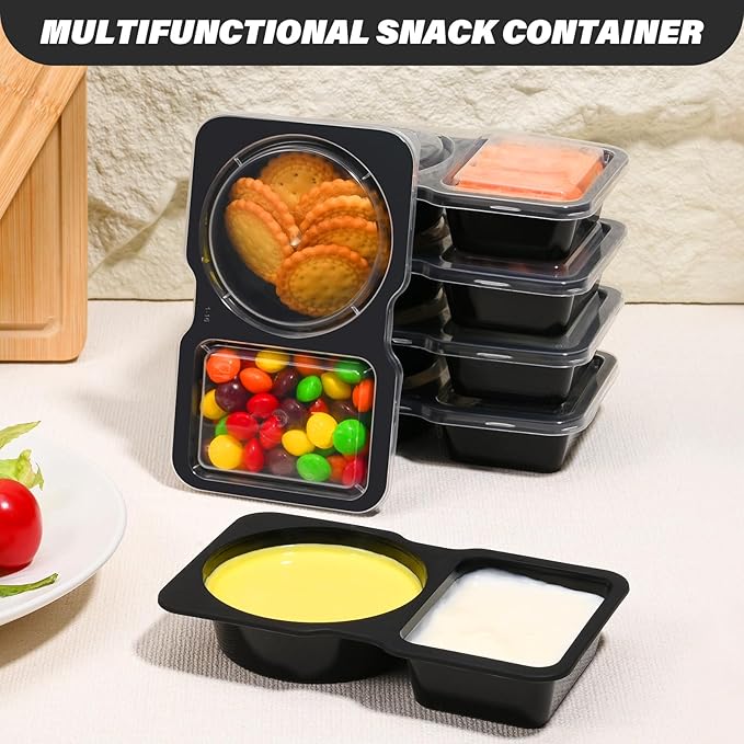 Double Compartment Snack Containers with Lids, 2 Compartment Condiment Container, Plastic Disposable Snack Pack Containers for Sauce, Salad, Food Storage Box(20PCS-Black)
