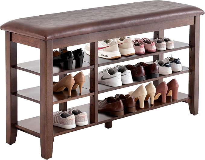 PY HOME & SPORTS Shoe Rack for Entryway 39.4": 3-Tier Shoe Storage Bench, Adjustable/Removable Shelves, Rubberwood Shoe Benches for Hallway, Porch, Bathroom, Brown