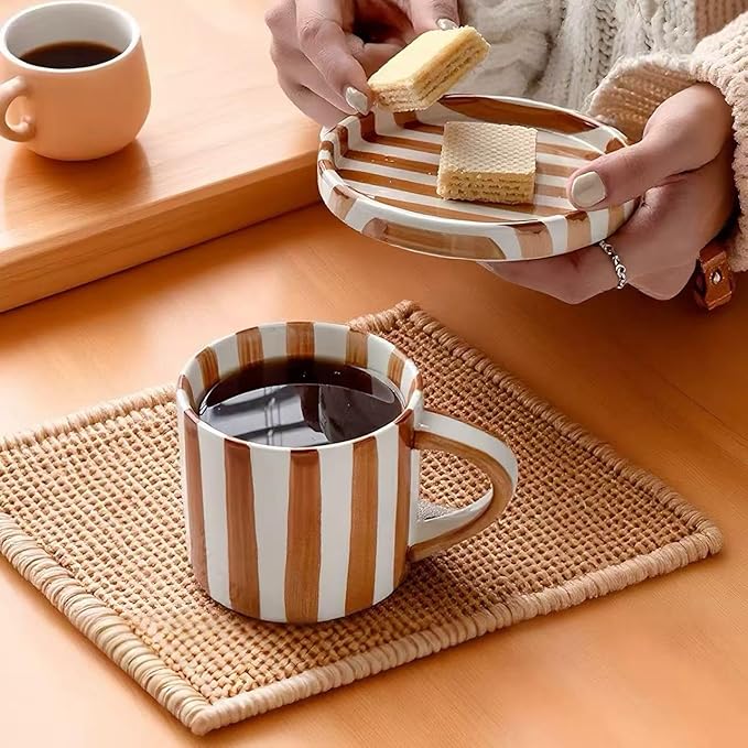 8Oz Stylish Handmade Vertical Striped Coffee Mug Espresso Cups With Saucer, Small Hand painted Ceramic Cappuccino Mugs, Glazed Tea Cup, Microwave safe Latte art mug(Brown), Fall mug
