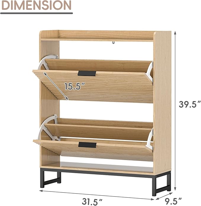 Shoe Cabinet Storage with 2 Flip Drawers for Entryway, Oak Wooden Slim Shoe Organizer with Adjustable Shelf, Freestanding Hidden Narrow Shoe Rack Cabinet for Hallway