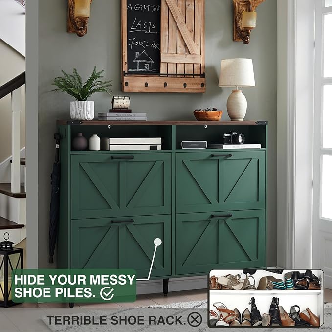 Shoe Storage Cabinet,Farmhouse Shoes Organizer with 4 Flip Drawers & Barn Door Design,Freestanding Hidden Slim Narrow Shoe Rack Cabinet with Open Storage for Entryway, Foyer,Hallway,Green