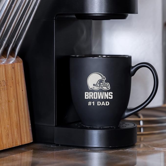 Rico Industries NFL Football #1 Dad 15oz Laser Engraved Matte Black Ceramic Bistro Mug - for Hot or Cold Drinks