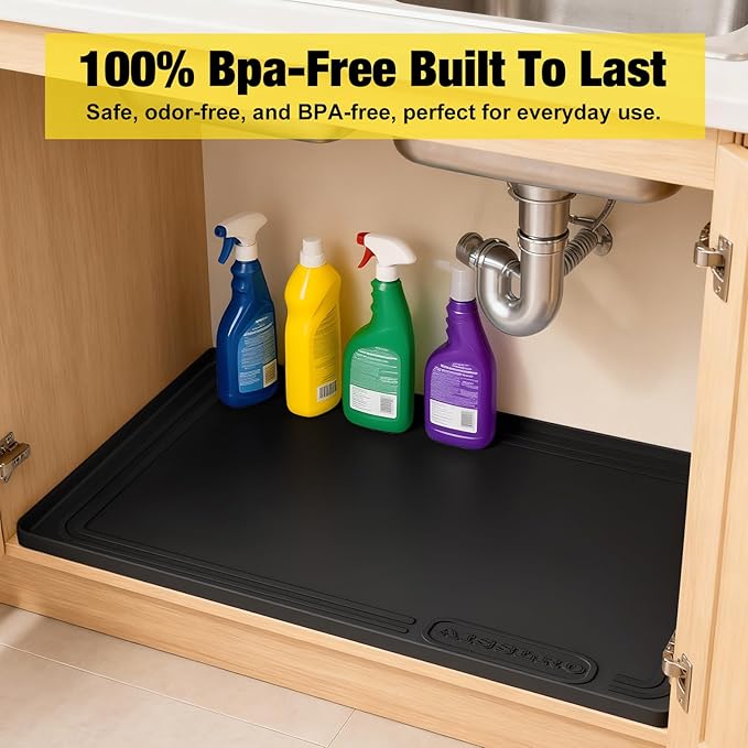 Under Sink Mat 25" X 19", Waterproof Silicone Under Sink Mats for Kitchen, Anti-Leak Shelf Liner & Cabinet Protector with Raised Edge, [BPA Free] Bathroom Tray Home Organizer, Black