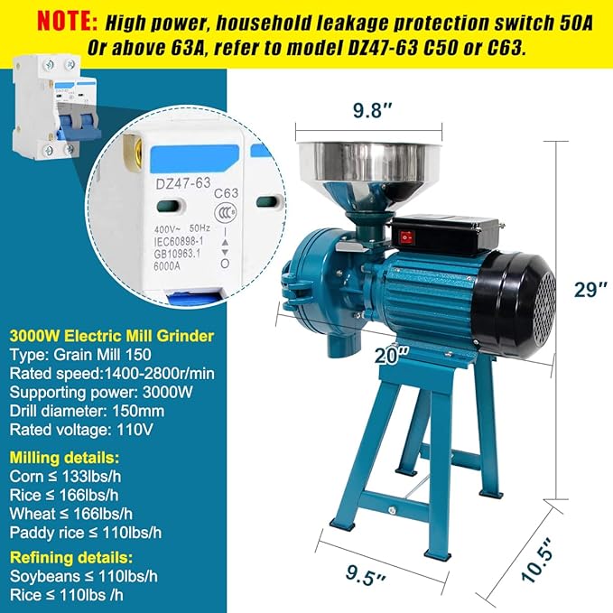 3000W Wet Dry Cereals Grinder Electric Grain Mill - Heavy Duty 110V Commercial Grinder Machine for Rice, Corn, Coffee, Wheat Feed With Funnel
