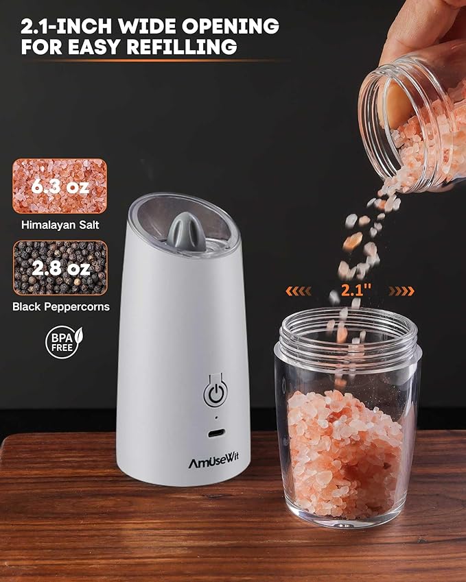 AmuseWit Gravity Electric Salt and Pepper Grinder Set [White Light] USB Rechargeable Automatic Pepper and Salt Mills,Adjustable Coarseness,One-Handed Operation,Black and White